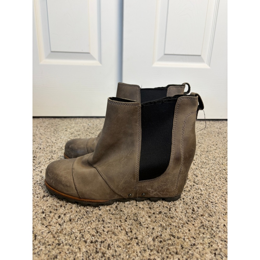 Sorel Ankle Boots Womens 9.5 Lea Wedge Chelsea Leather Waterproof Grey Brown